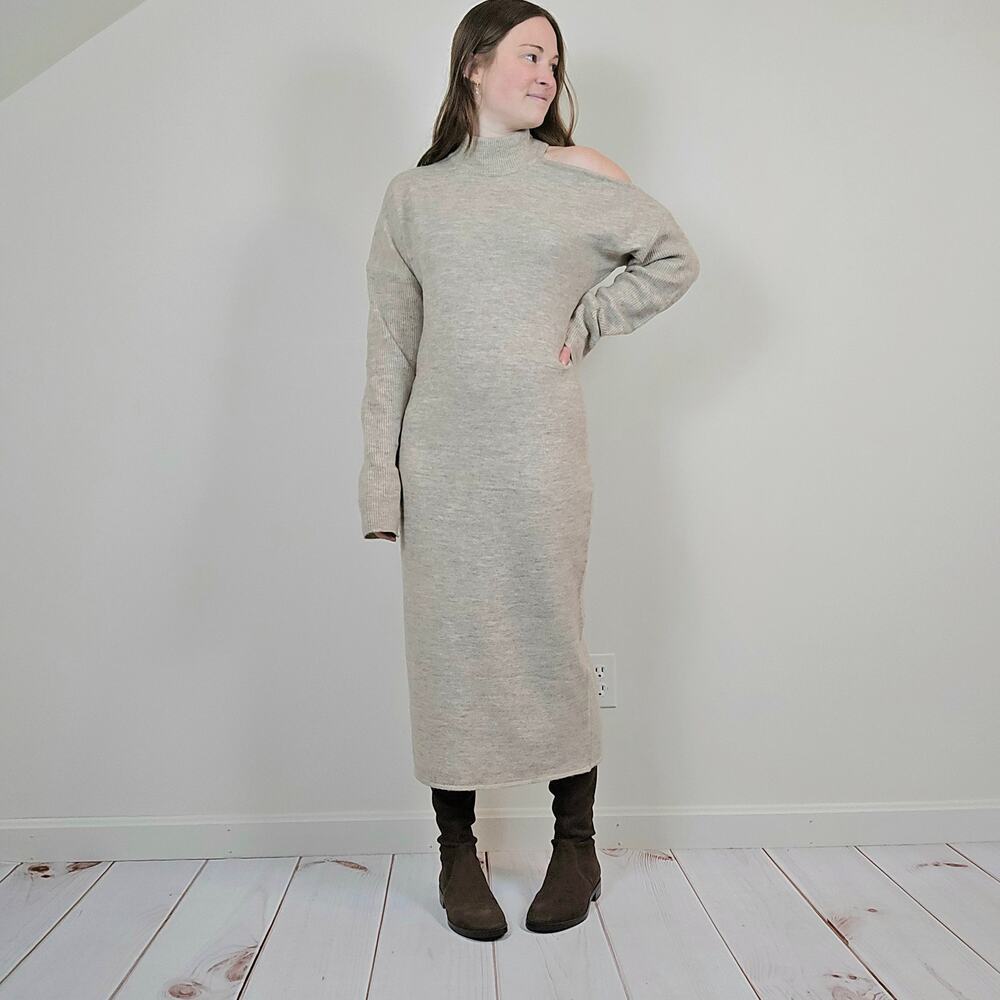 Andree By Unit Cold Shoulder Midi Sweater Dress Greige Large